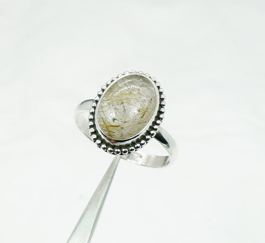 925 Solid Sterling Silver Golden Rutile Ring - 9 US