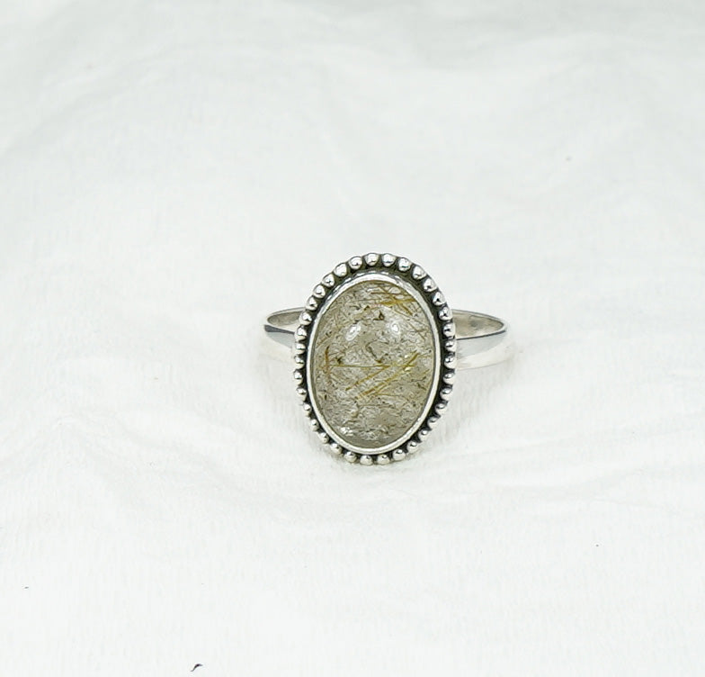 925 Solid Sterling Silver Golden Rutile Ring - 9 US
