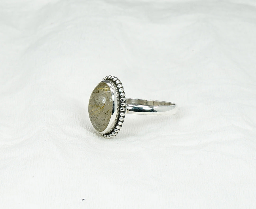 925 Solid Sterling Silver Golden Rutile Ring - 9 US