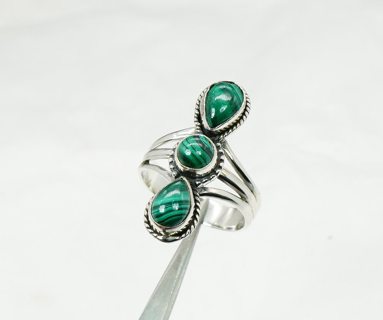 925 Solid Sterling Silver Green Malachite Ring - 9 US