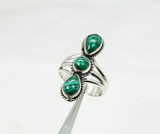 925 Solid Sterling Silver Green Malachite Ring - 9 US