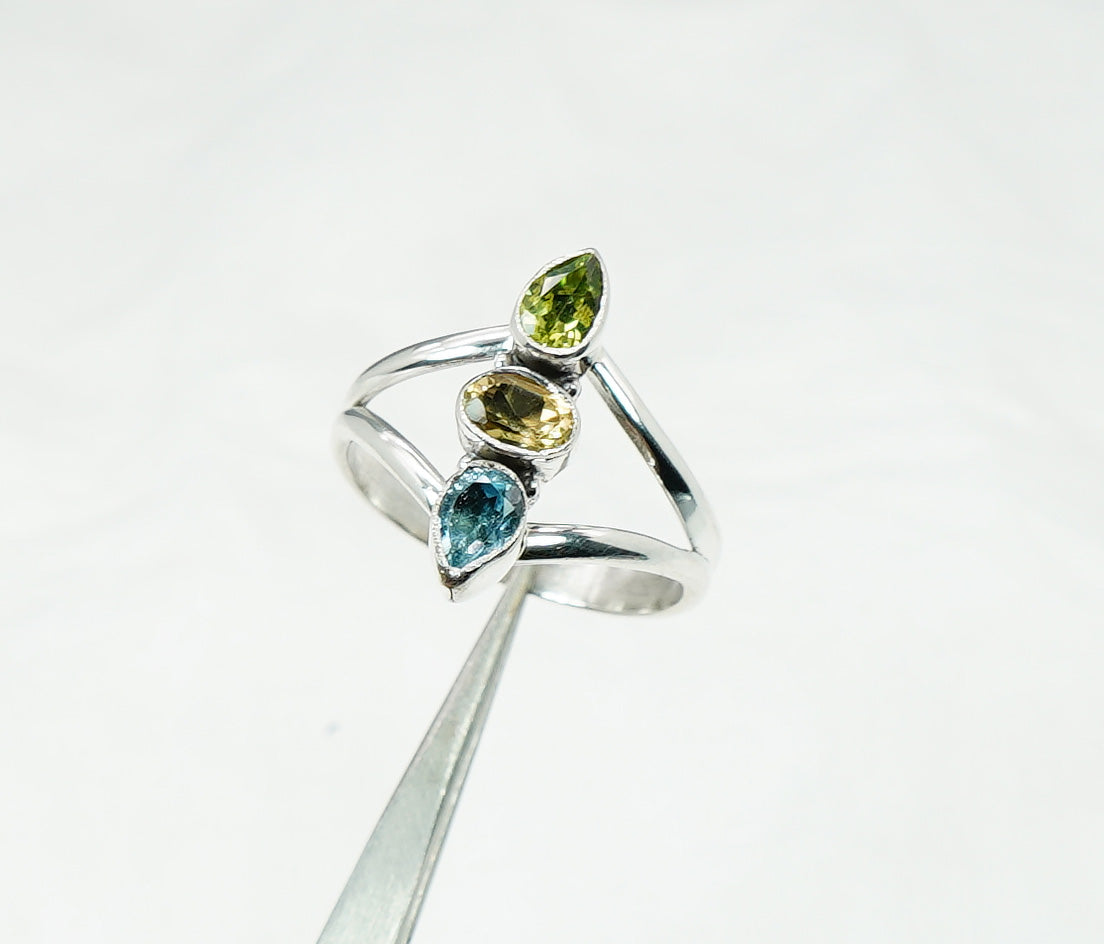 925 Solid Sterling Silver Cut Yellow Citrine Peridot Blue Topaz Ring - 9 US
