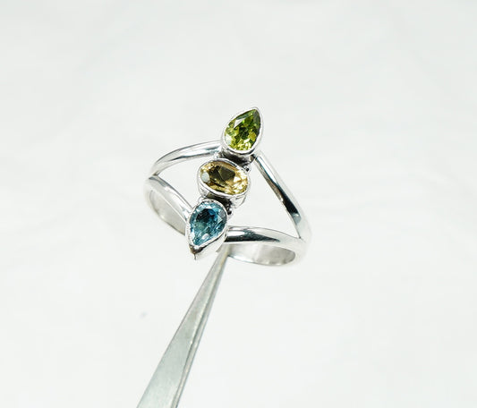 925 Solid Sterling Silver Cut Yellow Citrine Peridot Blue Topaz Ring - 9 US