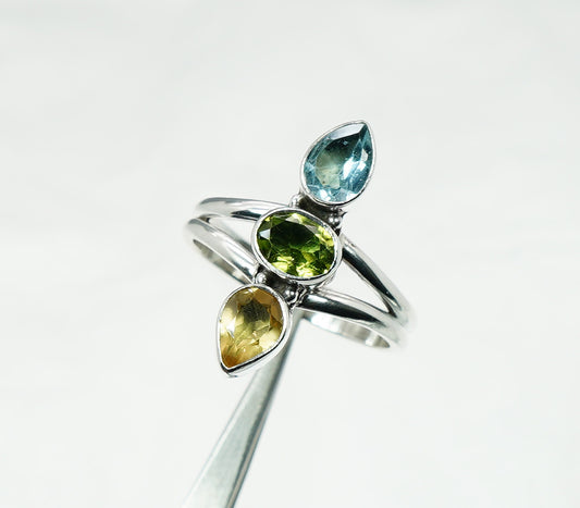 925 Solid Sterling Silver Cut Yellow Citrine Peridot Blue Topaz Ring - 9 US