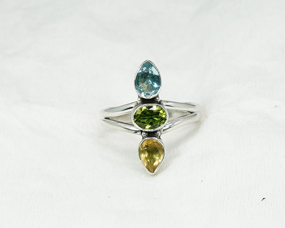 925 Solid Sterling Silver Cut Yellow Citrine Peridot Blue Topaz Ring - 9 US