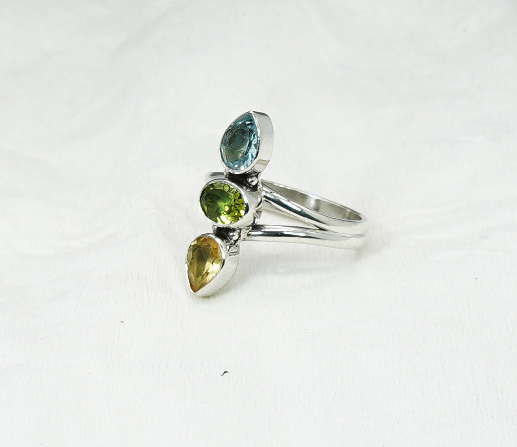 925 Solid Sterling Silver Cut Yellow Citrine Peridot Blue Topaz Ring - 9 US