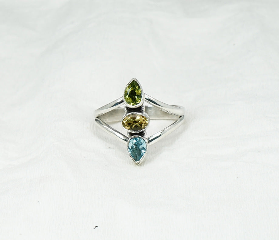 925 Solid Sterling Silver Cut Yellow Citrine Peridot Blue Topaz Ring - 9 US