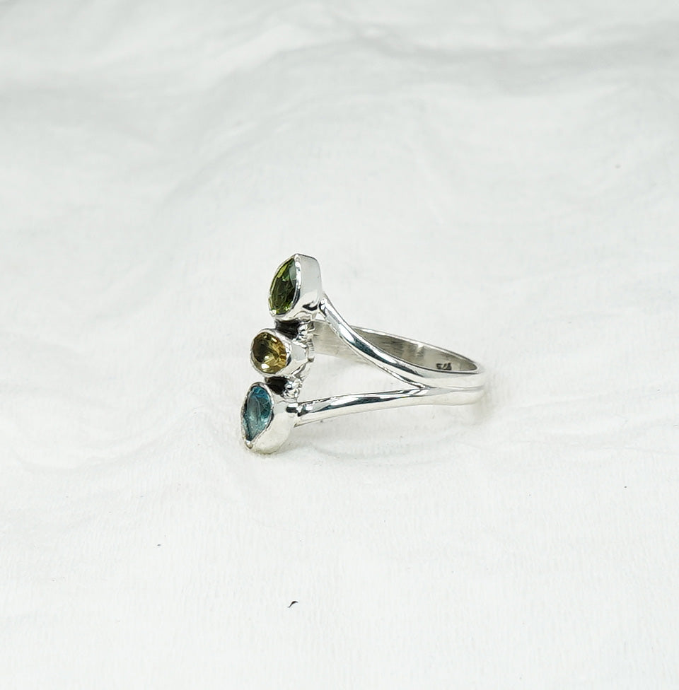 925 Solid Sterling Silver Cut Yellow Citrine Peridot Blue Topaz Ring - 9 US