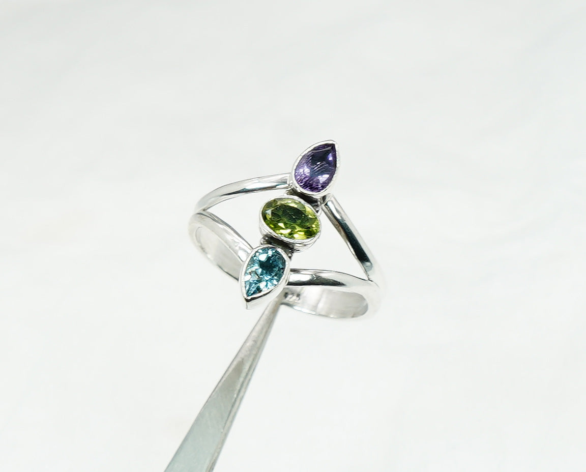 925 Solid Sterling Silver Cut Purple Amethyst Peridot Blue Topaz Ring - 8 US