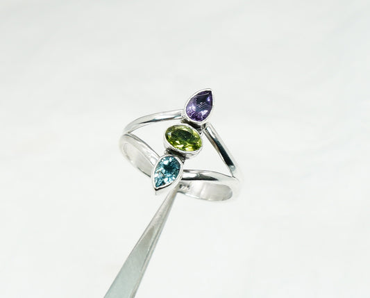 925 Solid Sterling Silver Cut Purple Amethyst Peridot Blue Topaz Ring - 8 US