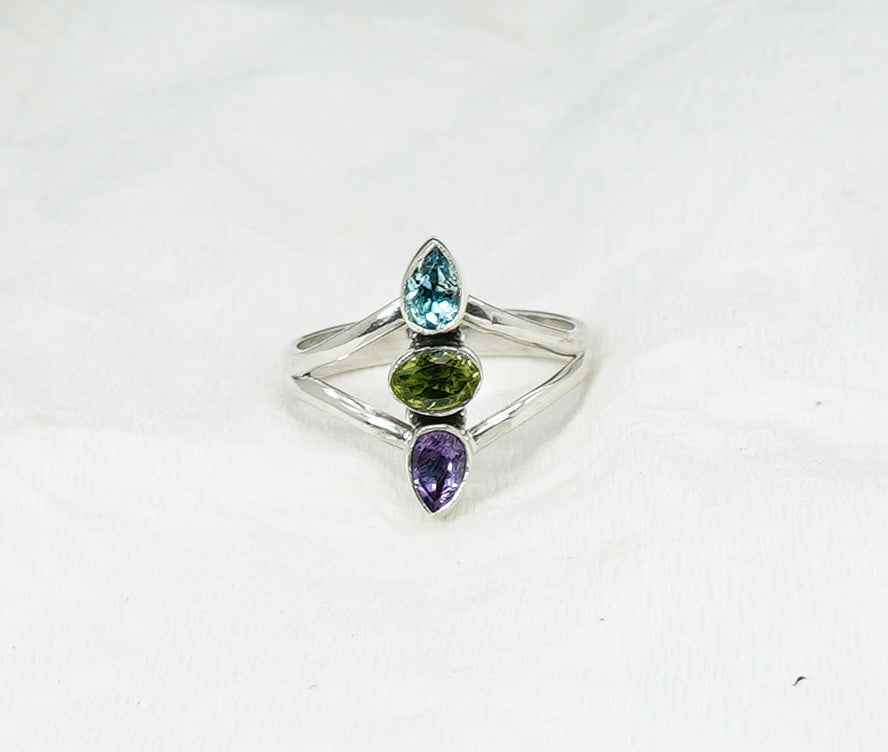 925 Solid Sterling Silver Cut Purple Amethyst Peridot Blue Topaz Ring - 8 US