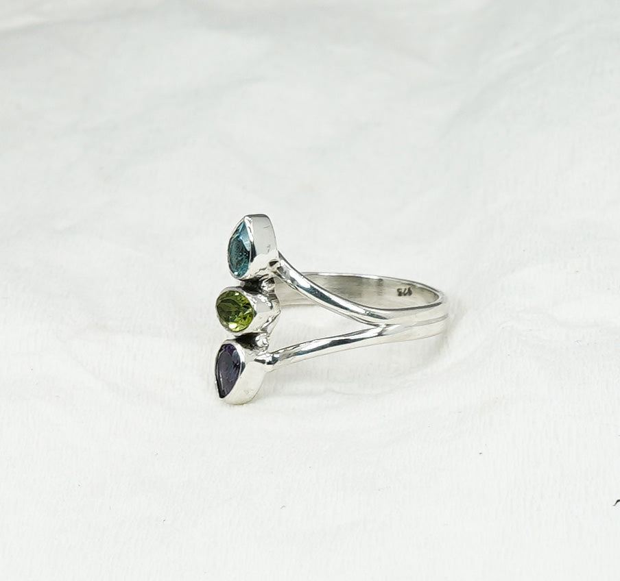 925 Solid Sterling Silver Cut Purple Amethyst Peridot Blue Topaz Ring - 8 US