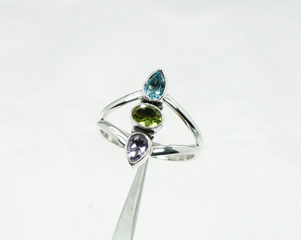 925 Solid Sterling Silver Cut Purple Amethyst Peridot Blue Topaz Ring- 10 US
