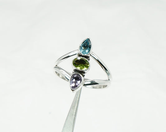 925 Solid Sterling Silver Cut Purple Amethyst Peridot Blue Topaz Ring- 10 US