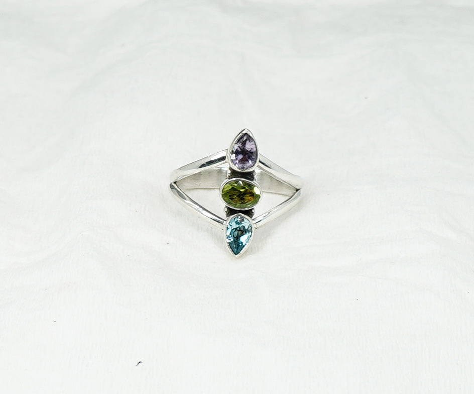 925 Solid Sterling Silver Cut Purple Amethyst Peridot Blue Topaz Ring- 10 US