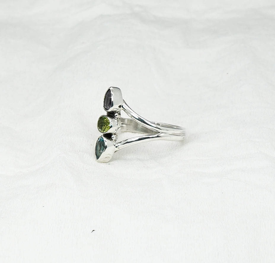 925 Solid Sterling Silver Cut Purple Amethyst Peridot Blue Topaz Ring- 10 US