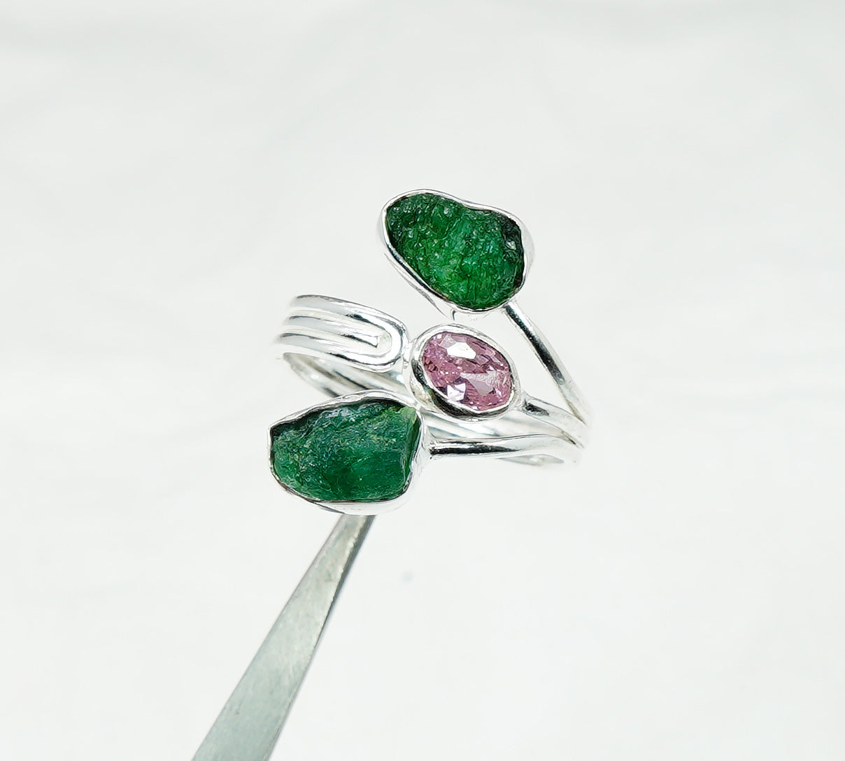 925 Solid Sterling Silver Cut Pink Topaz Rough Emerald Adjustable Ring
