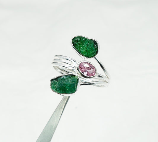 925 Solid Sterling Silver Cut Pink Topaz Rough Emerald Adjustable Ring