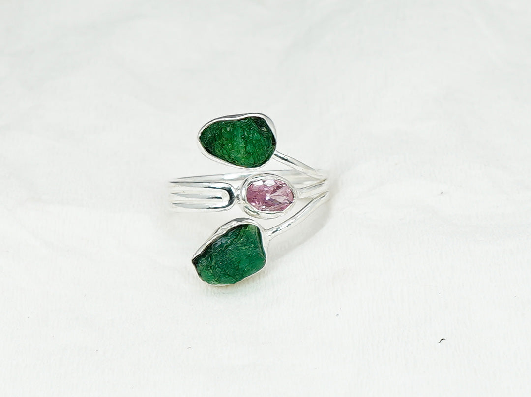 925 Solid Sterling Silver Cut Pink Topaz Rough Emerald Adjustable Ring