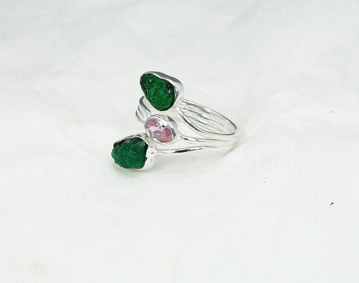 925 Solid Sterling Silver Cut Pink Topaz Rough Emerald Adjustable Ring