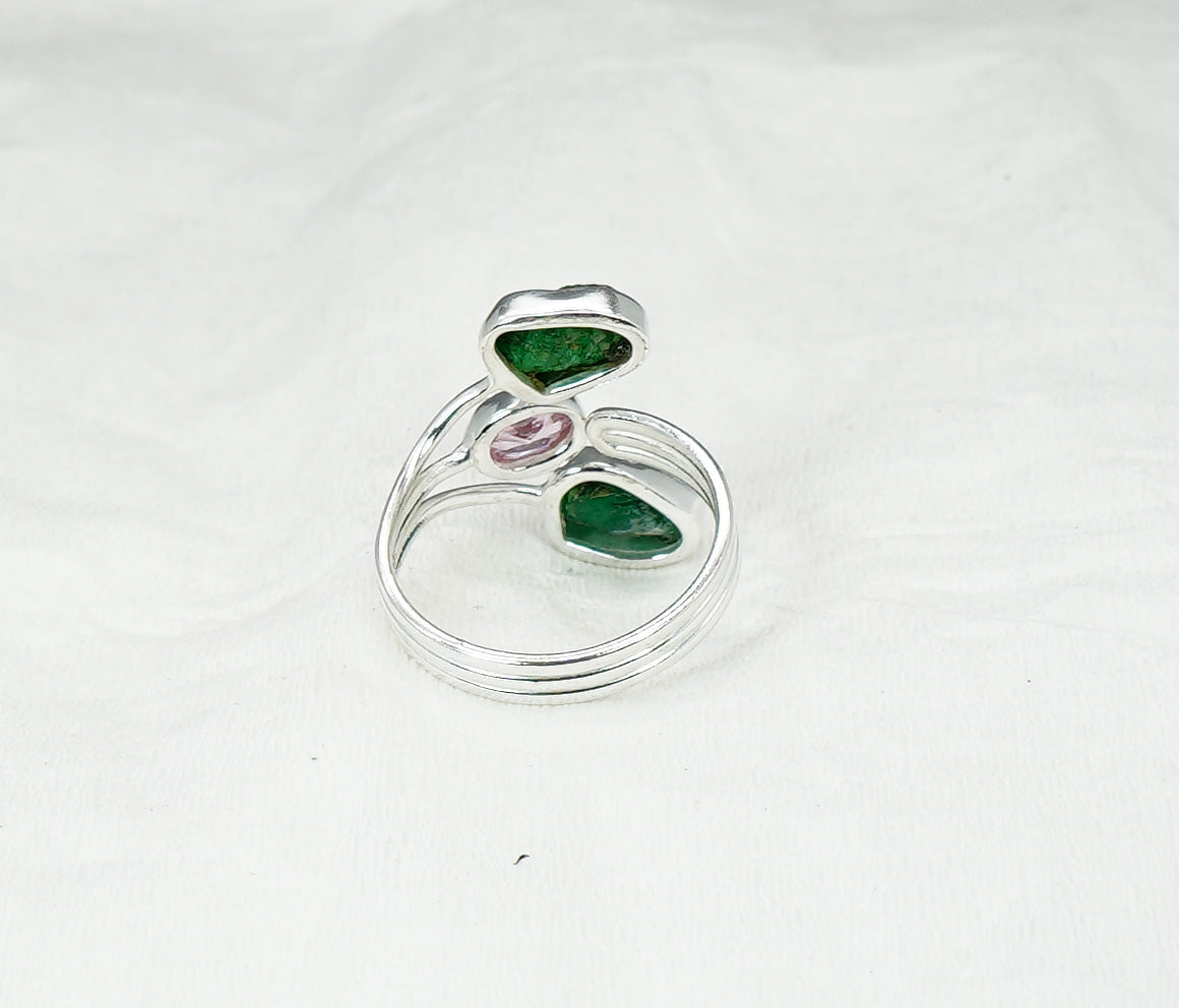 925 Solid Sterling Silver Cut Pink Topaz Rough Emerald Adjustable Ring