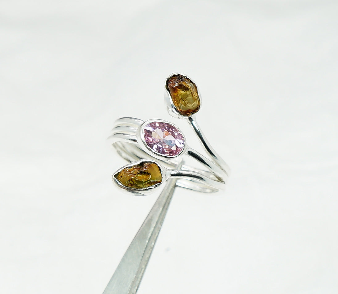 925 Solid Sterling Silver Cut Pink Topaz Rough Citrine Adjustable Ring