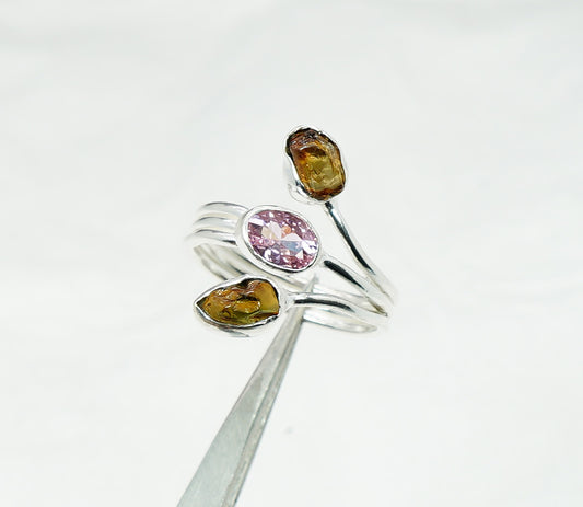 925 Solid Sterling Silver Cut Pink Topaz Rough Citrine Adjustable Ring