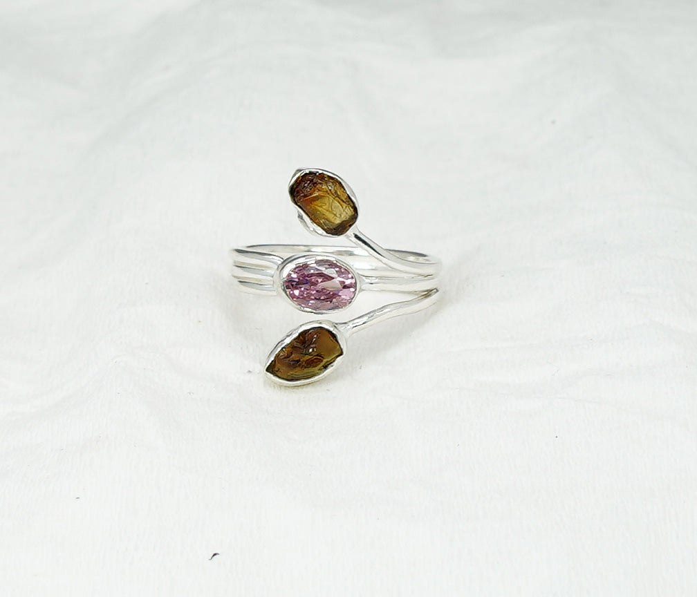 925 Solid Sterling Silver Cut Pink Topaz Rough Citrine Adjustable Ring