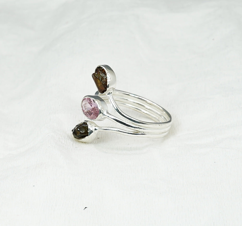 925 Solid Sterling Silver Cut Pink Topaz Rough Citrine Adjustable Ring