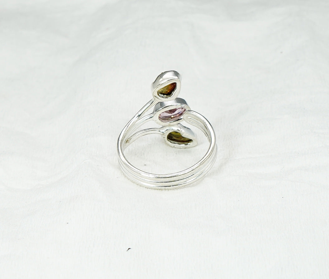 925 Solid Sterling Silver Cut Pink Topaz Rough Citrine Adjustable Ring