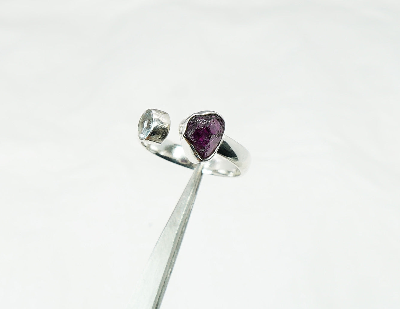 925 Solid Sterling Silver Cut Blue Topaz Rough Garnet Adjustable Ring  - 7 US