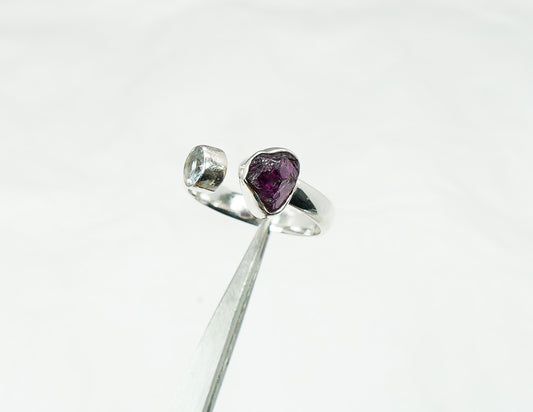 925 Solid Sterling Silver Cut Blue Topaz Rough Garnet Adjustable Ring  - 7 US