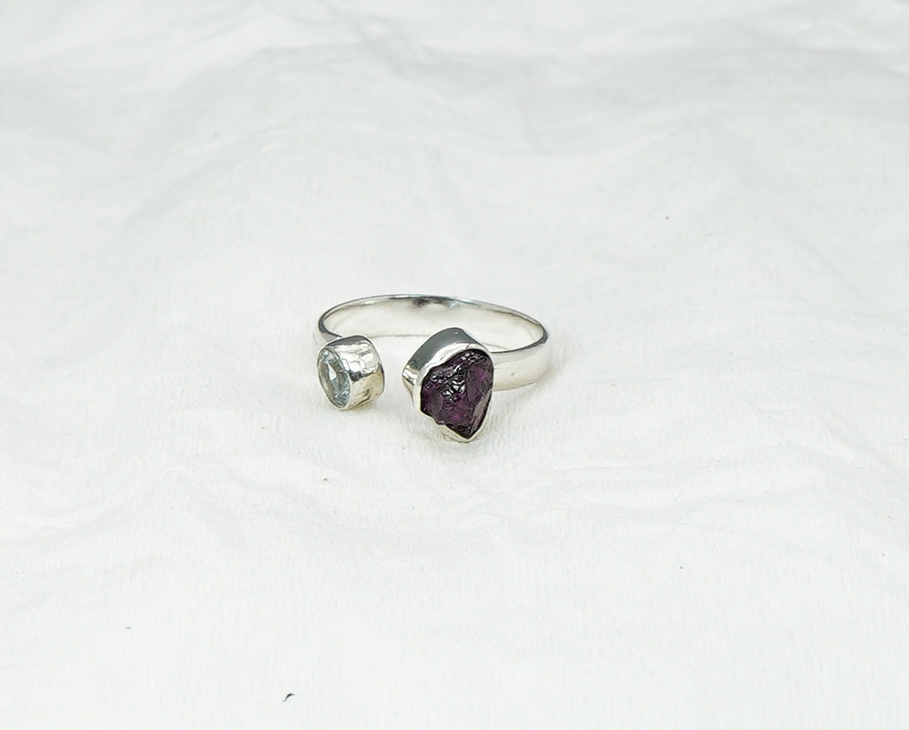 925 Solid Sterling Silver Cut Blue Topaz Rough Garnet Adjustable Ring  - 7 US