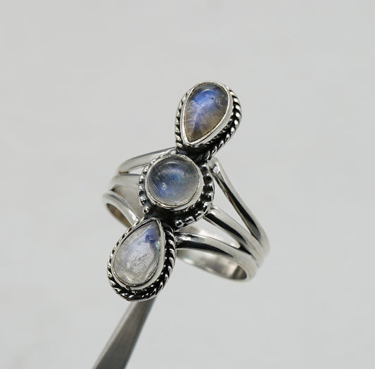 925 Solid Sterling Silver White Rainbow Moonstone Ring - 10 US