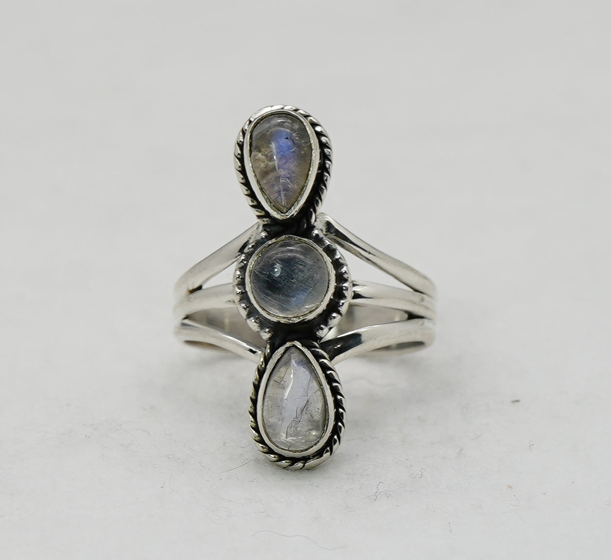 925 Solid Sterling Silver White Rainbow Moonstone Ring - 10 US
