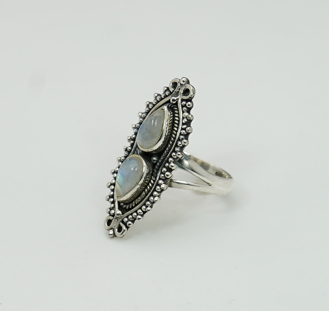 925 Solid Sterling Silver White Rainbow Moonstone Ring - 9 US