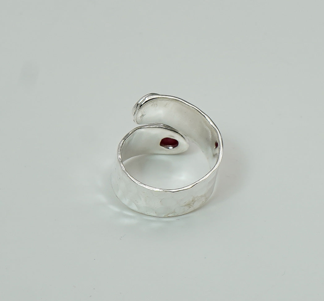 925 Solid Sterling Silver Red Ruby Hammered Adjustable Ring