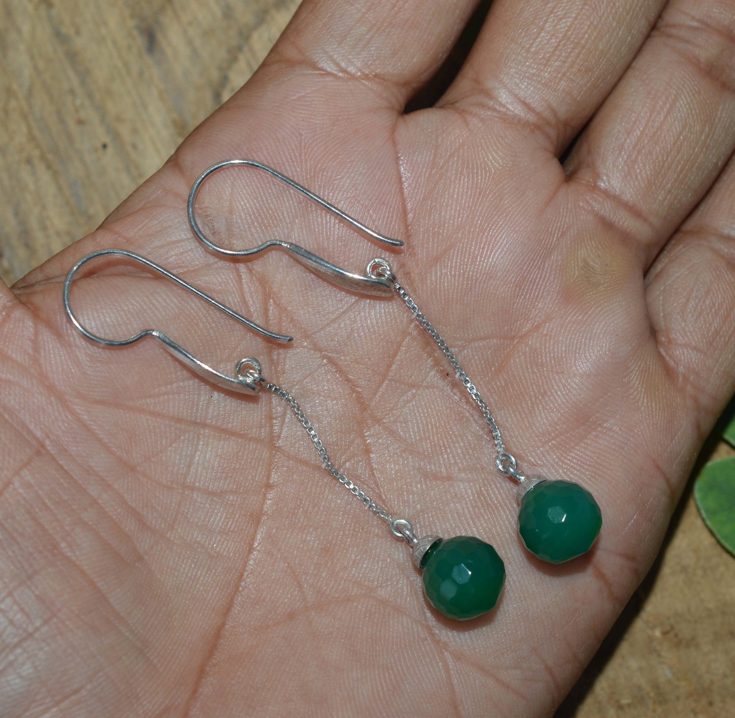 925 SOLID STERLING SILVER GREEN ONYX HOOK EARRING- 2.6 INCH