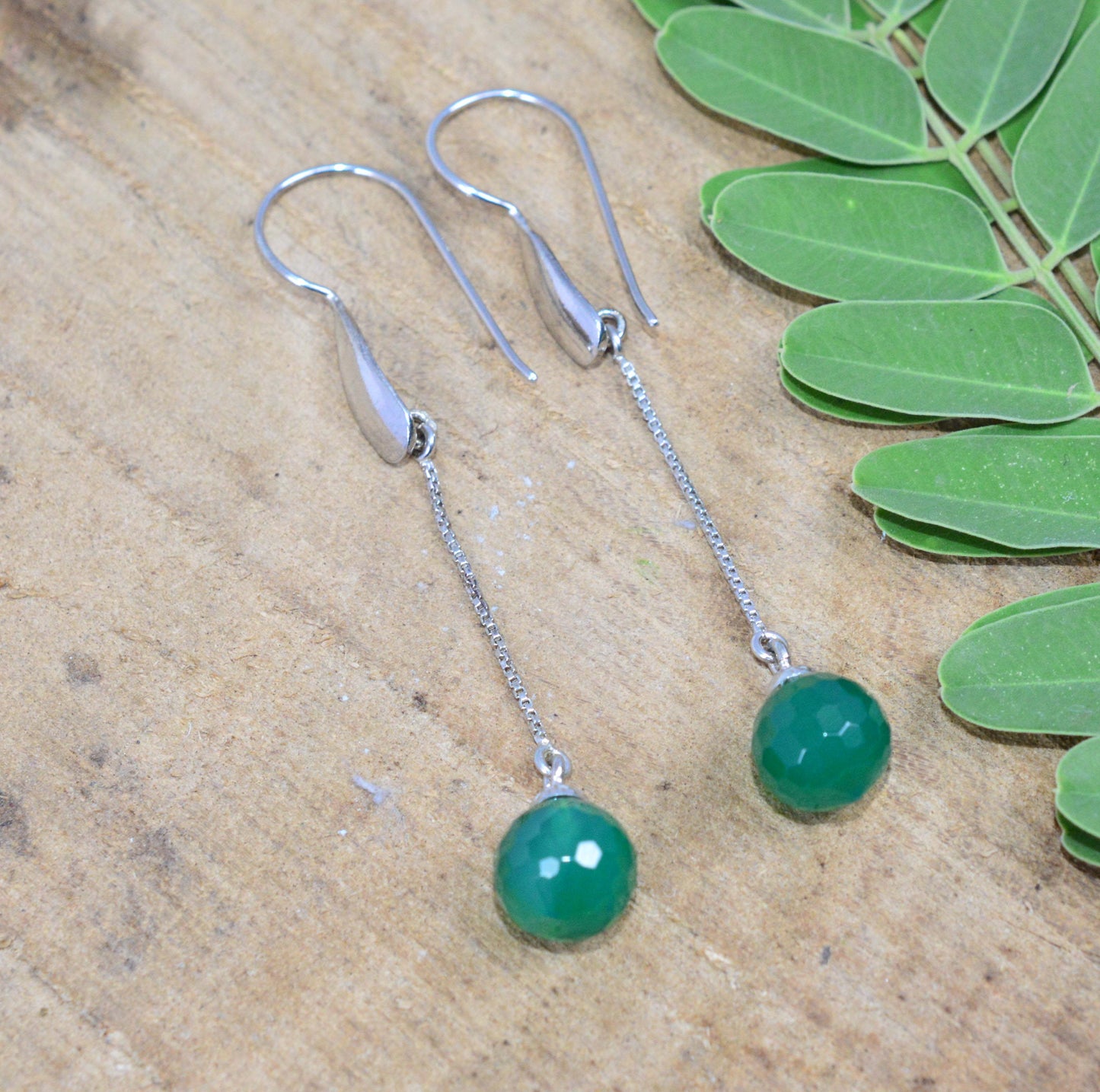 925 SOLID STERLING SILVER FACETED GREEN ONYX HOOK EARRING-2.6 INCH