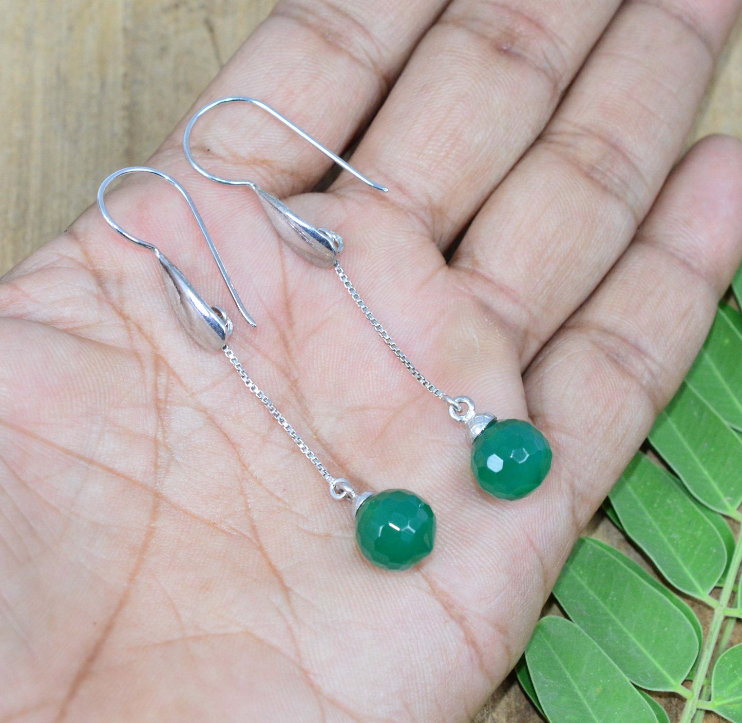 925 SOLID STERLING SILVER FACETED GREEN ONYX HOOK EARRING-2.6 INCH