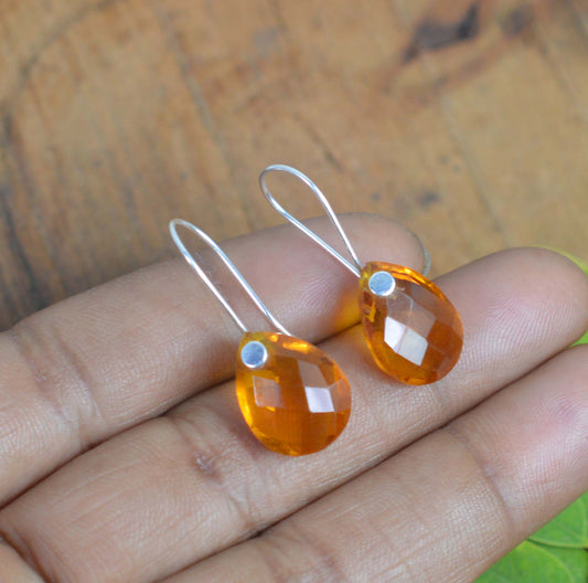 925 SOLID STERLING SILVER CUT HONEY QUARTZ WIRE EARRING -1.1 INCH
