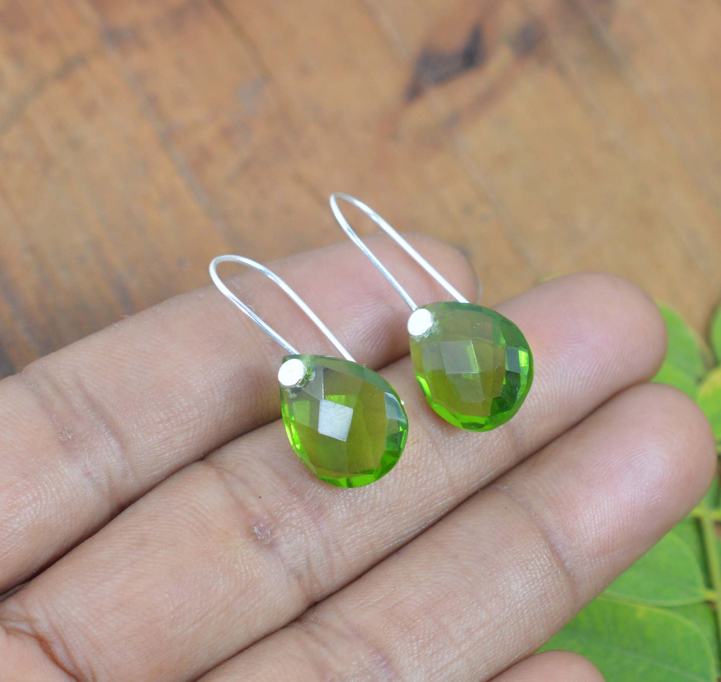 925 SOLID STERLING SILVER CUT GREEN PERIDOT HOOP EARRING -1.2 INCH