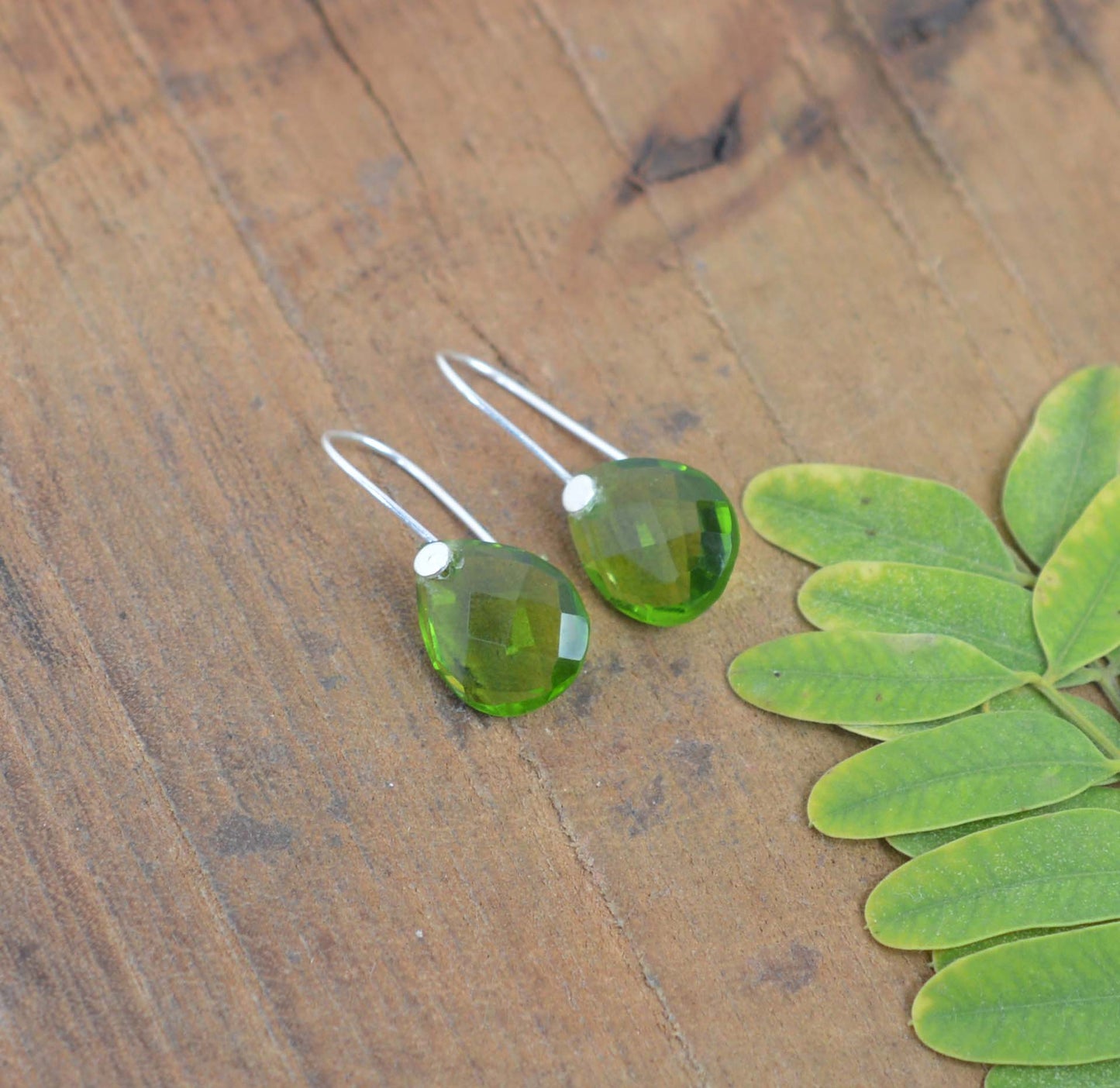 925 SOLID STERLING SILVER CUT GREEN PERIDOT HOOP EARRING -1.2 INCH