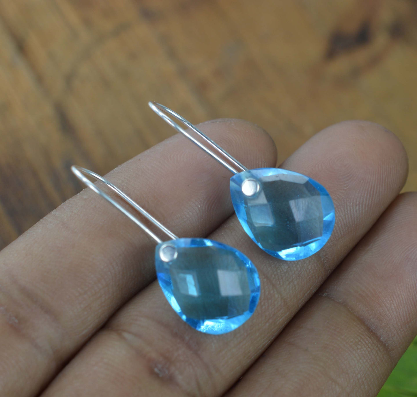 925 SOLID STERLING SILVER CUT BLUE QUARTZ WIRE EARRING -1.2 INCH