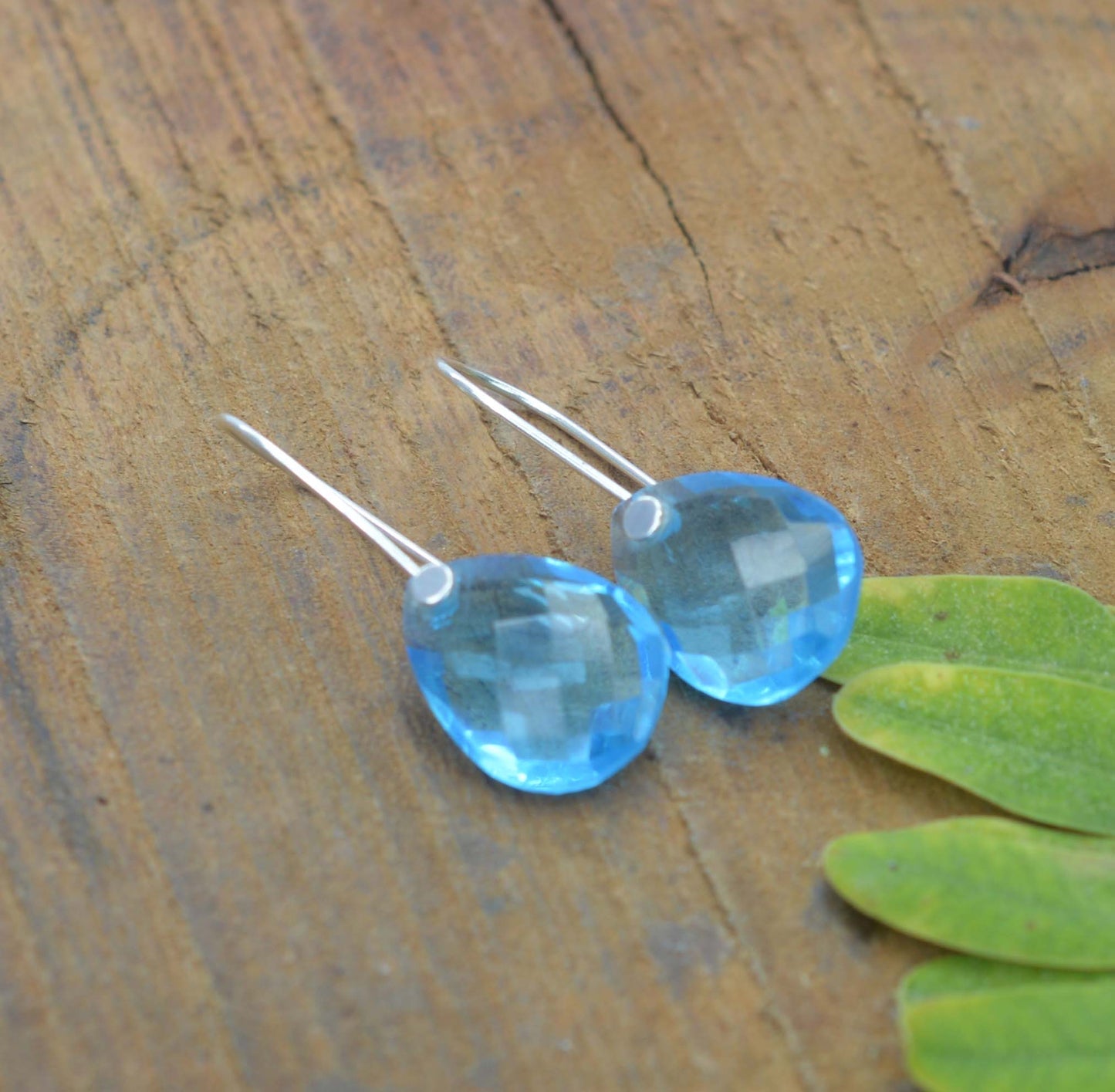 925 SOLID STERLING SILVER CUT BLUE QUARTZ WIRE EARRING -1.2 INCH