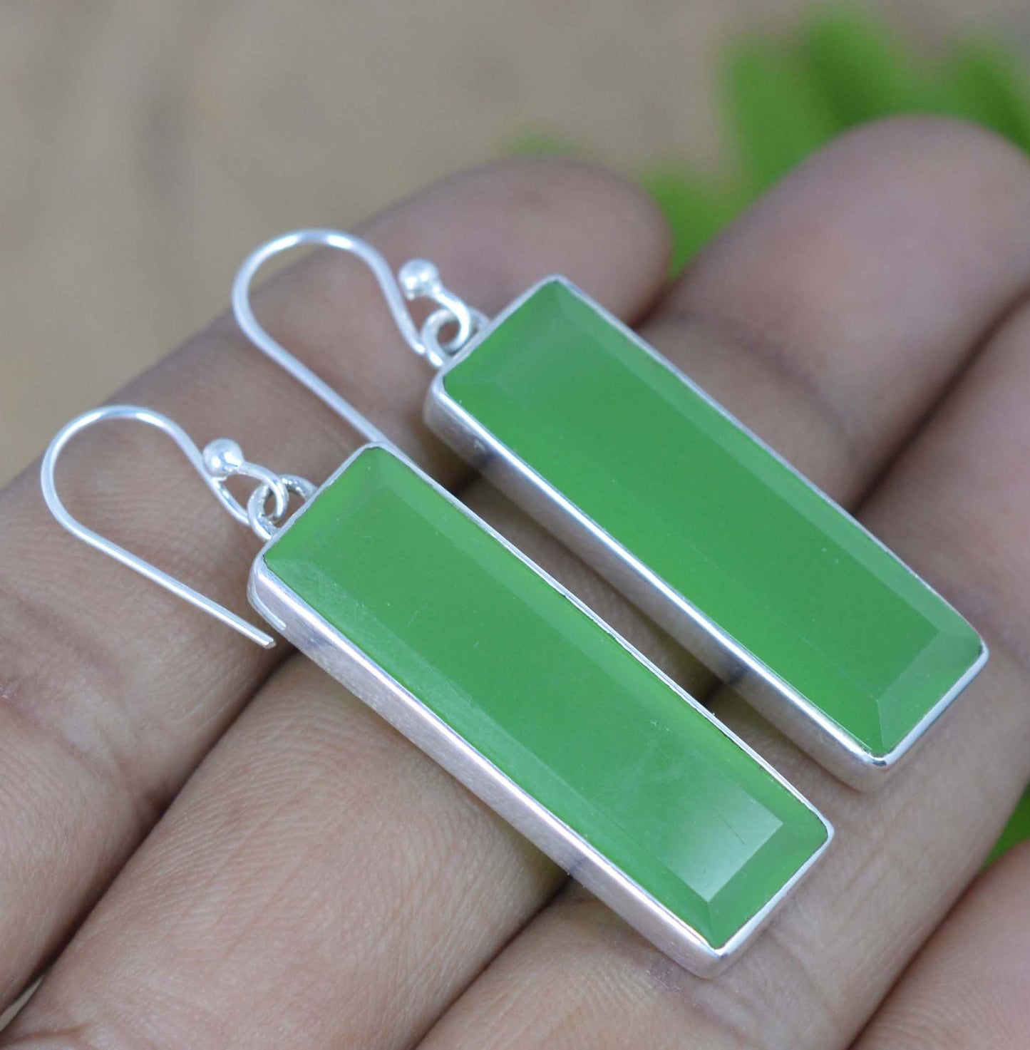 925 SOLID STERLING SILVER FACETED GREEN JADE HOOK EARRING -1.7 INCH