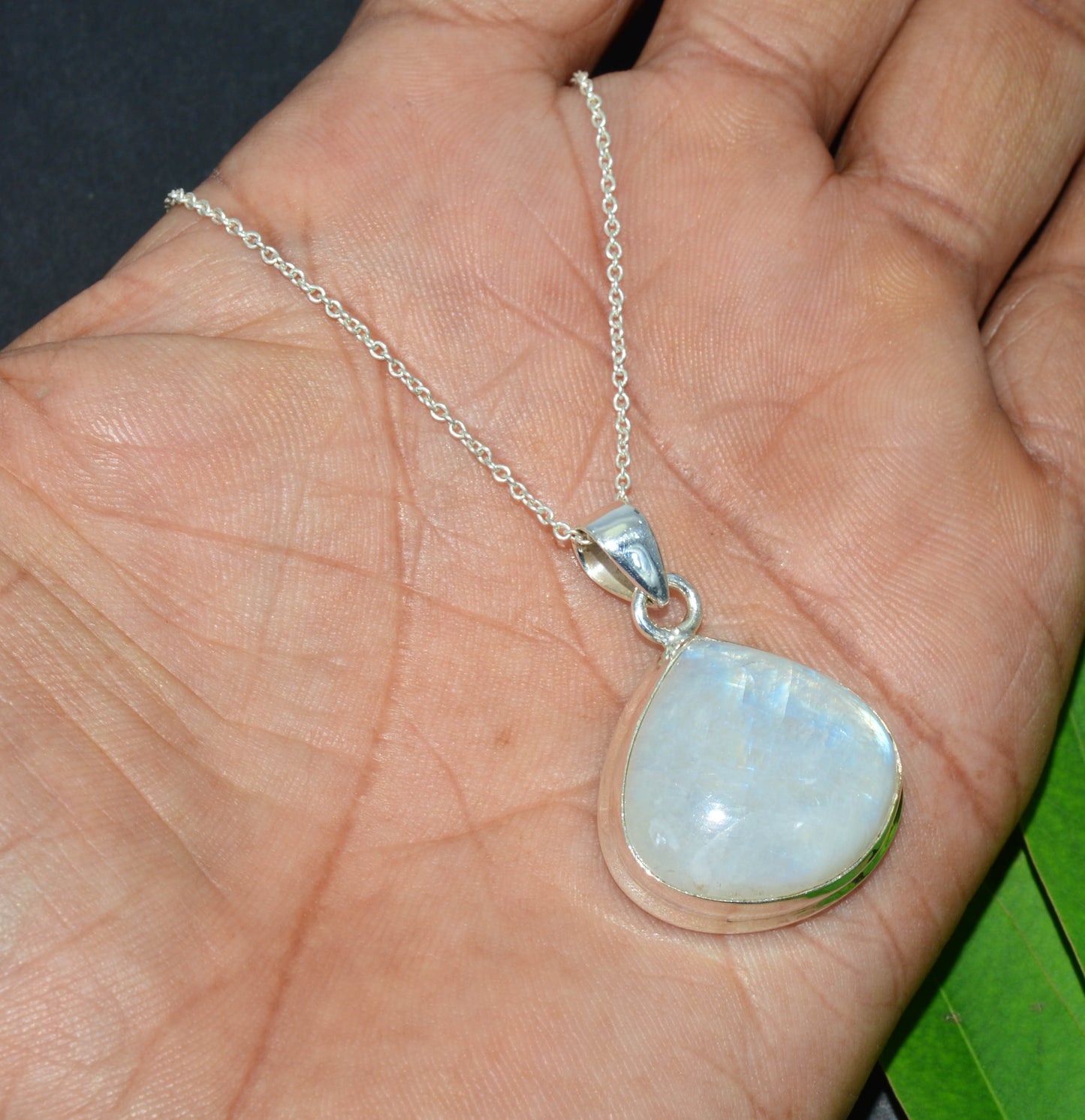 925 Solid Sterling Silver White Rainbow Moonstone Chain Pendant-19.3 INCH