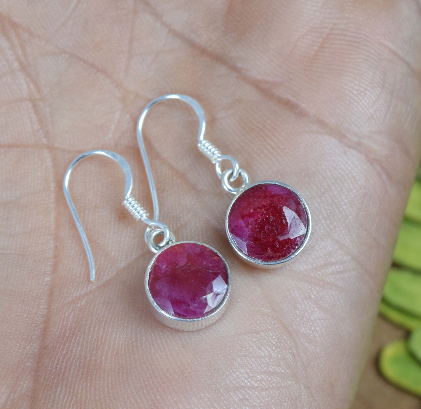 925 Solid Sterling Faceted Simulated Ruby Hook Earring-1.2 Inch