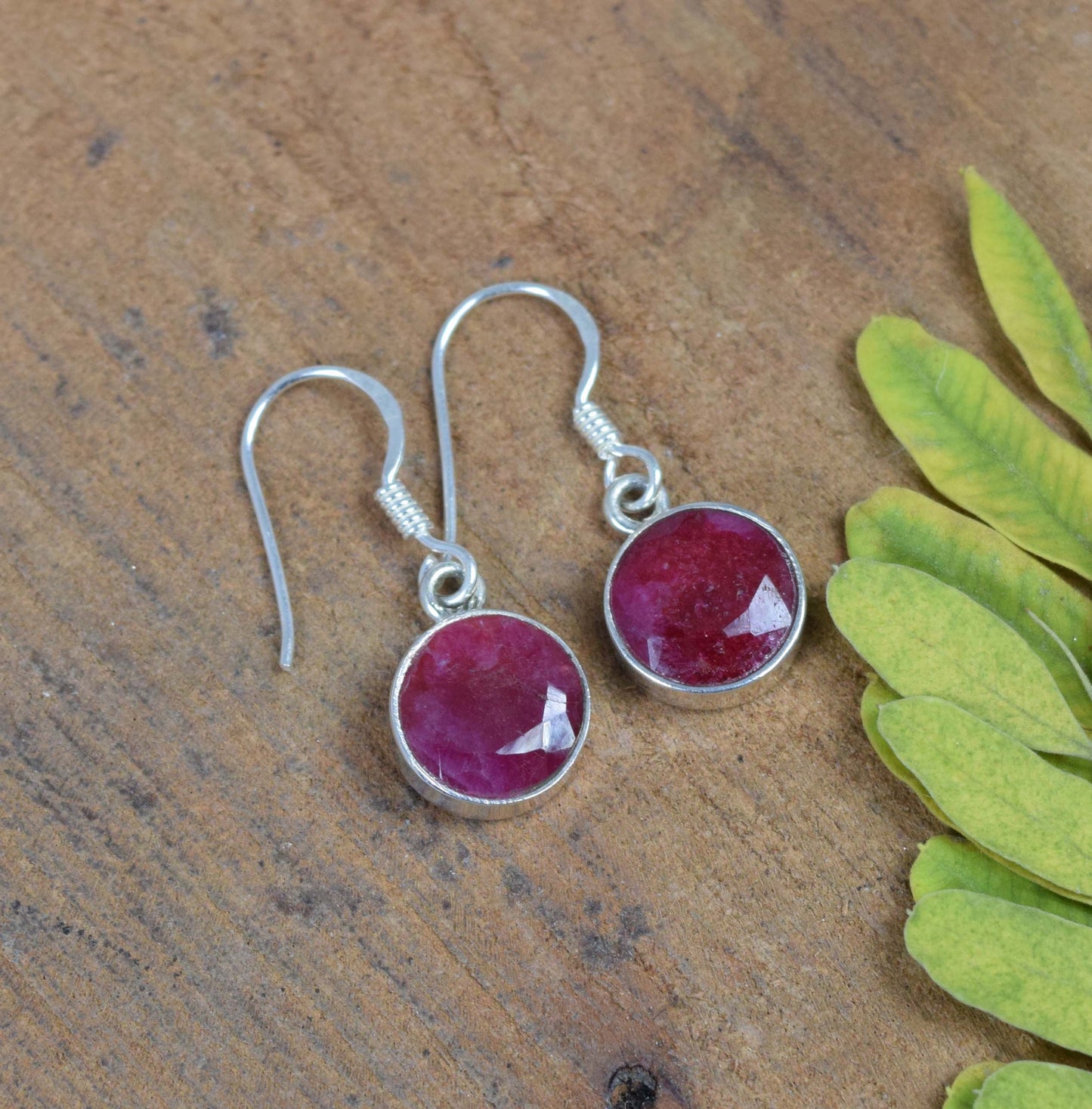 925 Solid Sterling Faceted Simulated Ruby Hook Earring-1.2 Inch