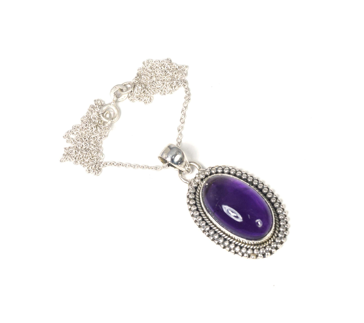 925 Solid Sterling Silver Purple Amethyst Chain Pendant-19.5 Inch